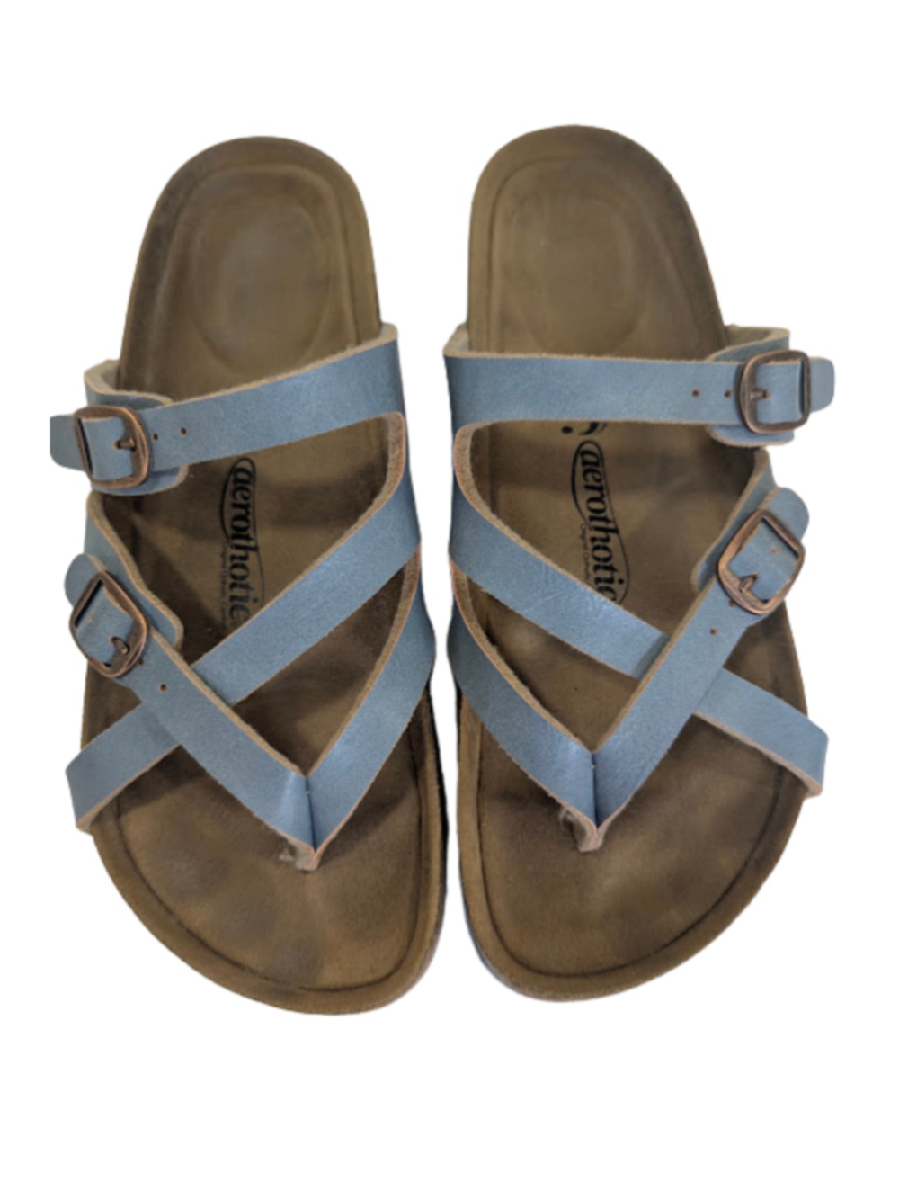 Aerothotic Orthotic Sandals 37 Blue Strappy Cork Footbed Comfort Boho Coastal